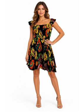 Urban Outfitters Black Floral Crinkle Ruffle Mini Dress Off The Shoulder Large